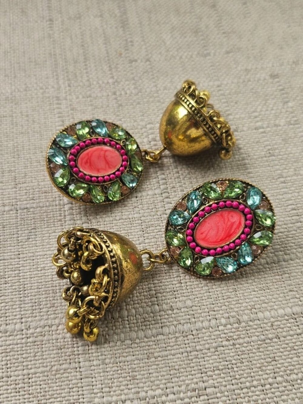 Pakistani Earrings Jhumka Fashion Jewelry Gold Tone Pink Beads Chandelier New - Picture 8 of 13